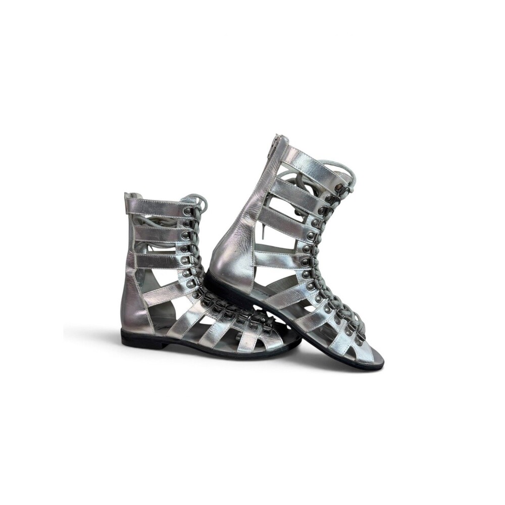 Free People Hacienda Gladiator Sandal Silver Metallic Lace Up $178 EU 37, US 7